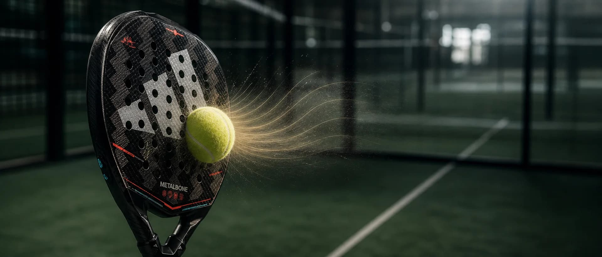 Adidas Metalbone padel racket striking a ball to illustrate racket rebound and ball output